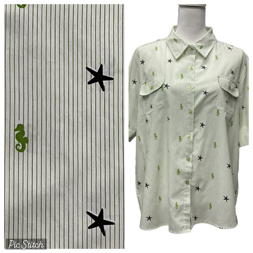 American Sweetheart Stars Seahorse‎ Stripe Blouse Shirt Button Up Sz L Nautical
